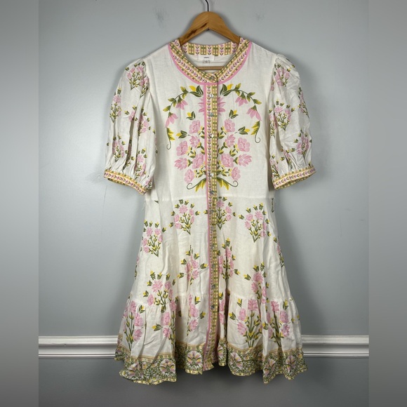 A loves a white pink green Bubble Sleeve Floral Dress MISSING BELT size large - Picture 2 of 9